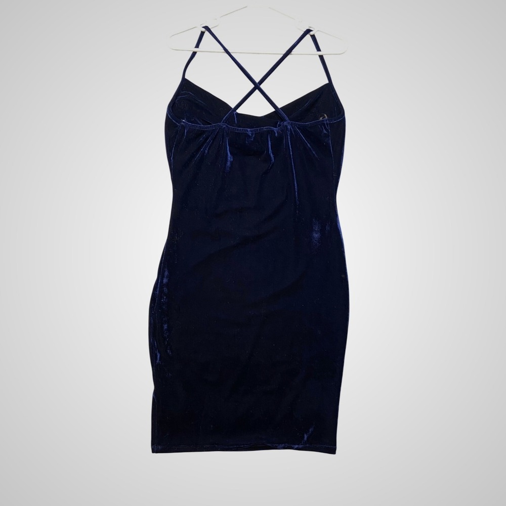 IRIS Velvet Bodycon Dress Womens Large Navy Blue Excellent Cowl Neck ID4059